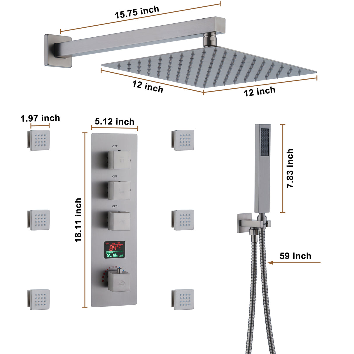 Atlanta Wall Mount Shower System With Digital Display & 6 Body Jets